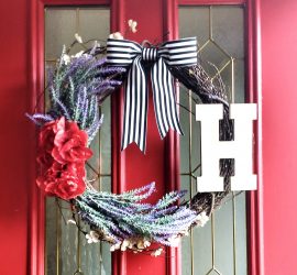 Grapevine Lavender wreath with black and white striped grosgrain ribbon