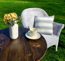milk can table and wicker chair bistro set