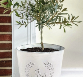 Clearance Christmas planter makeover, spray painted and distressed farmhouse style olive tree topiary decor. #farmhouse #farmhousestyle