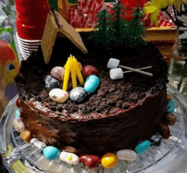 camping themed birthday cake, quick and easy camping themed birthday party ideas