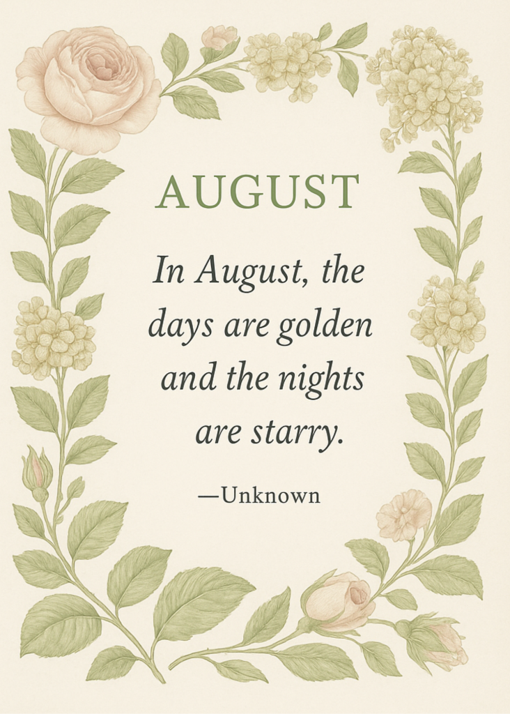Vintage-inspired printable quote for August with floral illustration and seasonal saying "In August, the days are golden and the nights are starry."