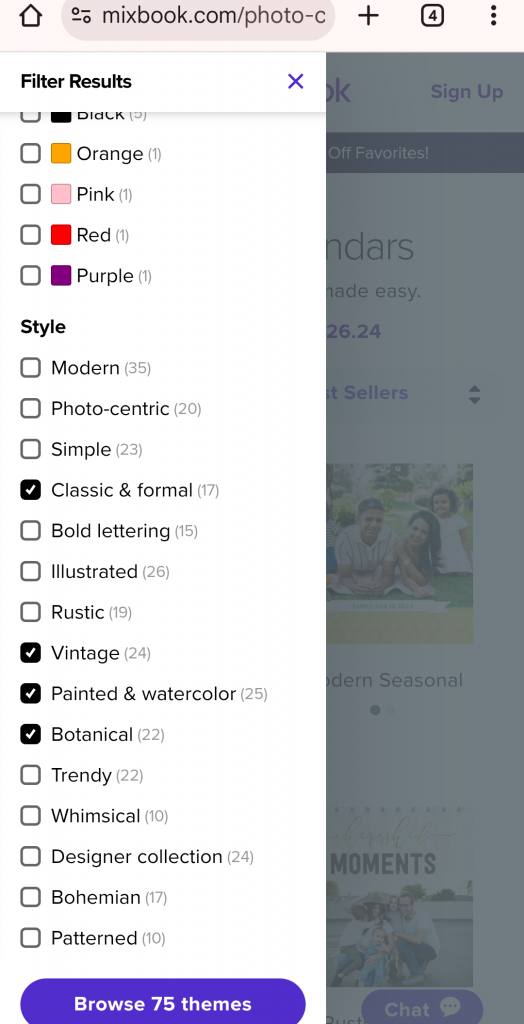 Screenshot of Mixbook’s calendar editor interface showing layout and theme choices during customization process