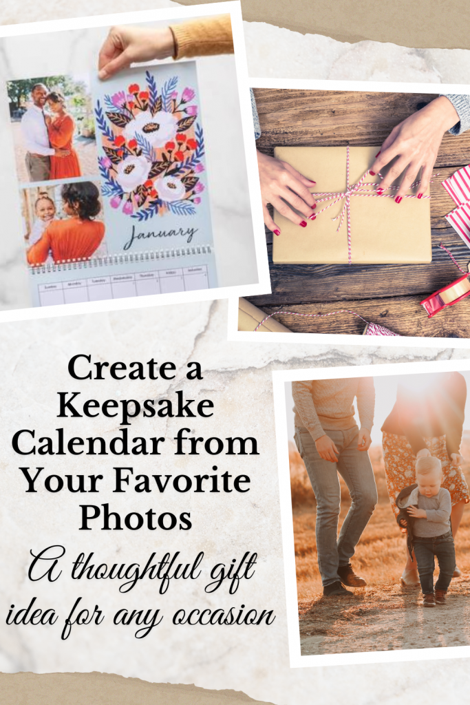 Collage of a custom photo calendar made with Mixbook featuring family photos, seasonal quotes, and vintage-style design—an easy and meaningful gift idea.
