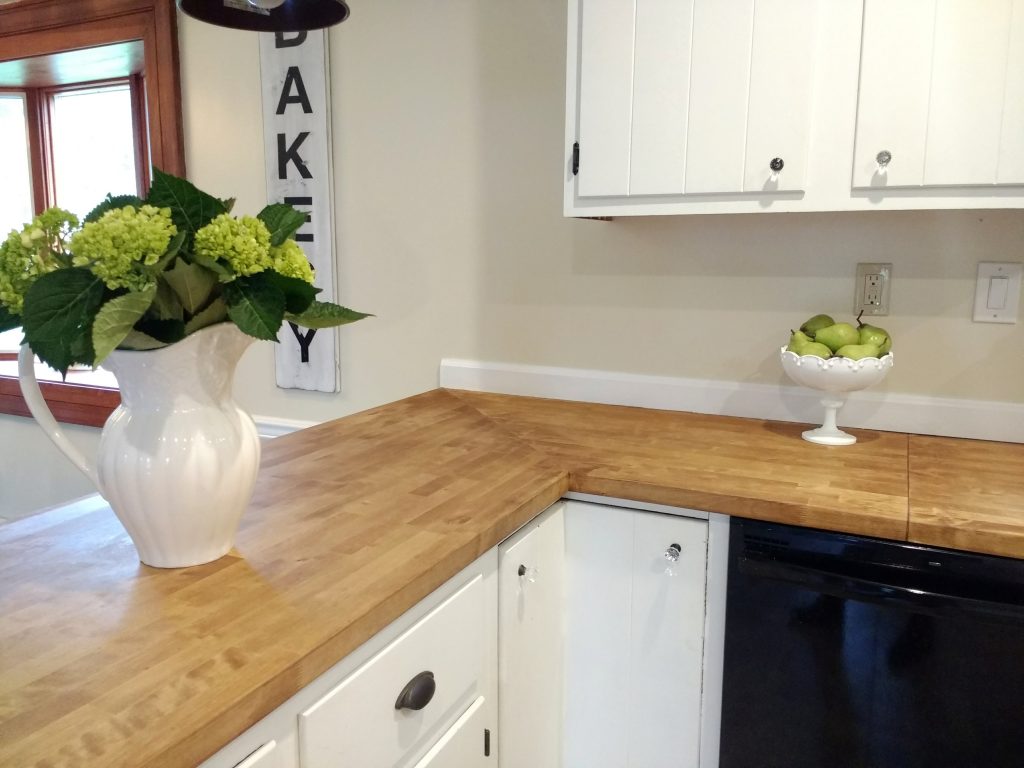 Dark tung oil on birch butcher block counters