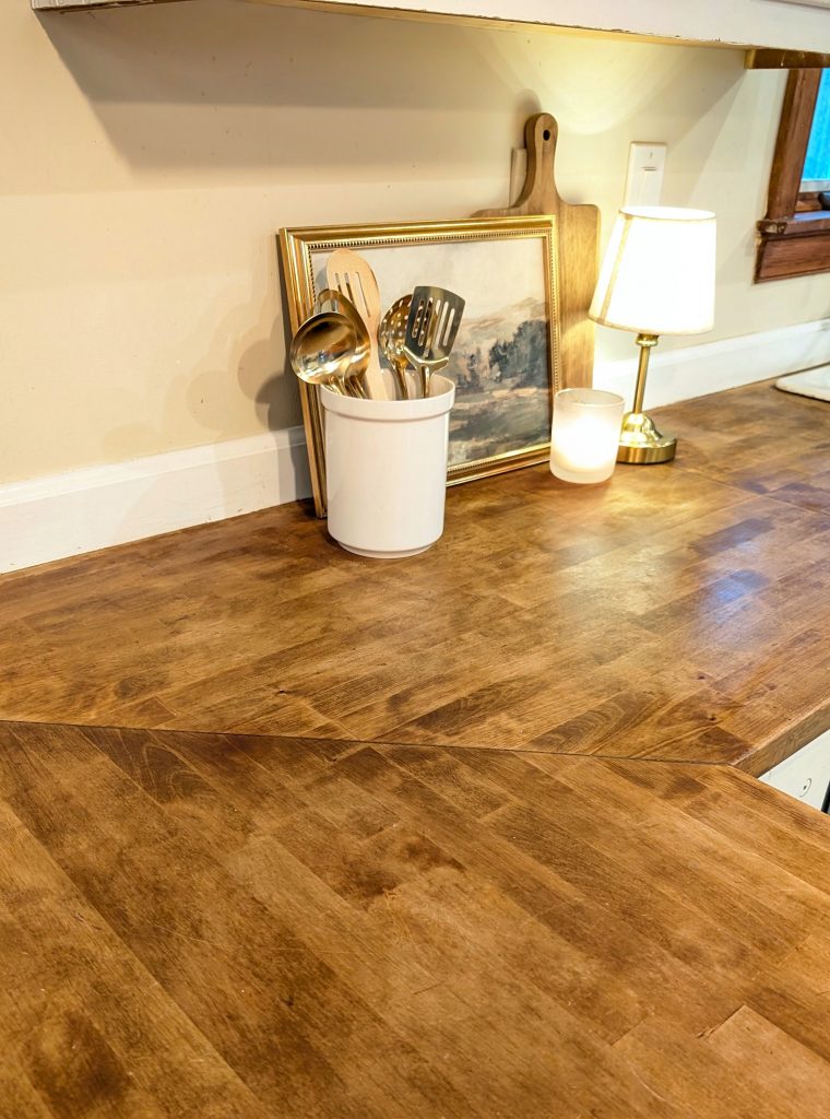 Butcher block countertops sealed with dark tung oil after 10 years of use