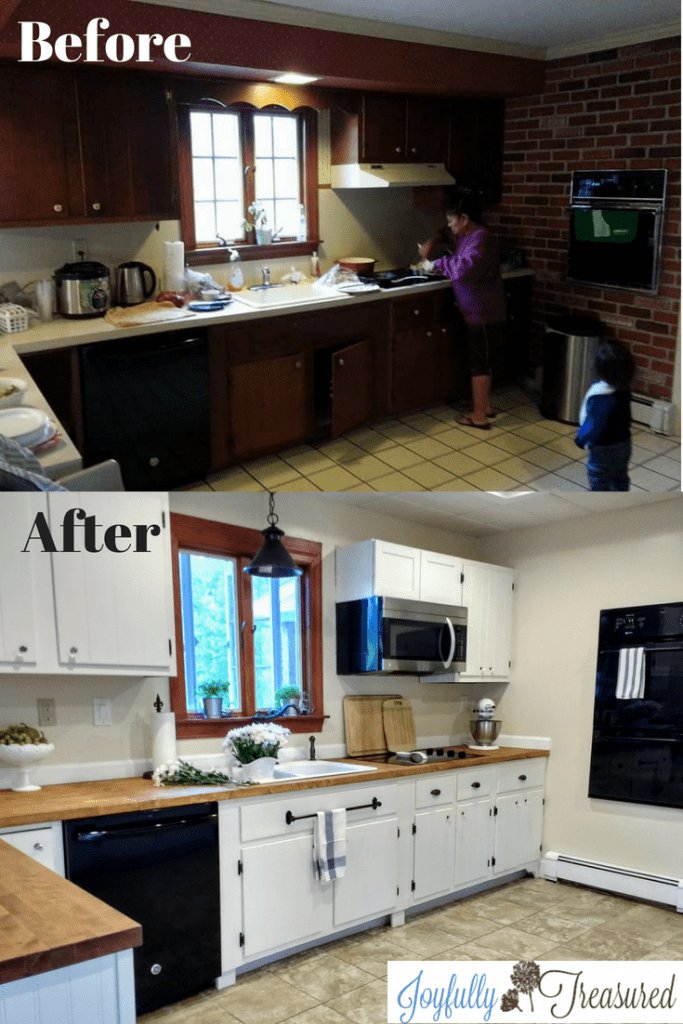 Our Farmhouse kitchen remodel before and after. What we DIYed and how we saved on our budget renovation. #kitchenmakeover #homediy