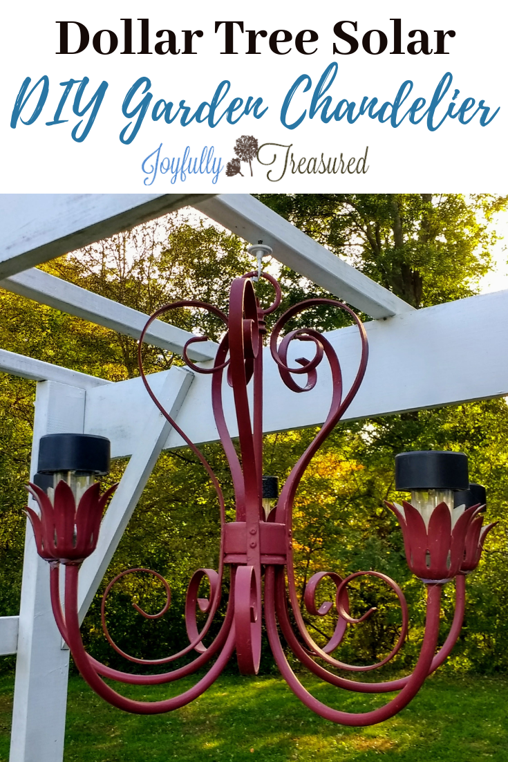 How to make an outdoor chandelier with dollar store solar lights and an old chandelier. Easy and fun garden decor idea! #gardendecor #solarlights #gardenart #diyhomedecor