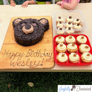 Teddy Bear Picnic Birthday Party DIY dessert ideas. Chocolate teddy bear cake and teddy graham cupcakes for a children's teddy bear picnic party #birthdaycake #party #partythemes