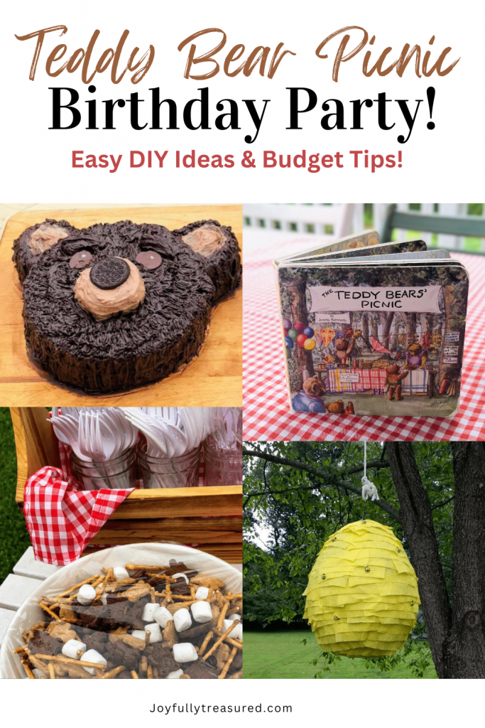 Flat lay pin showing a charming teddy bear picnic birthday party setup with a DIY low picnic table, teddy bear sandwiches and trail mix, beehive pinata and teddy bear picnic party decorations.