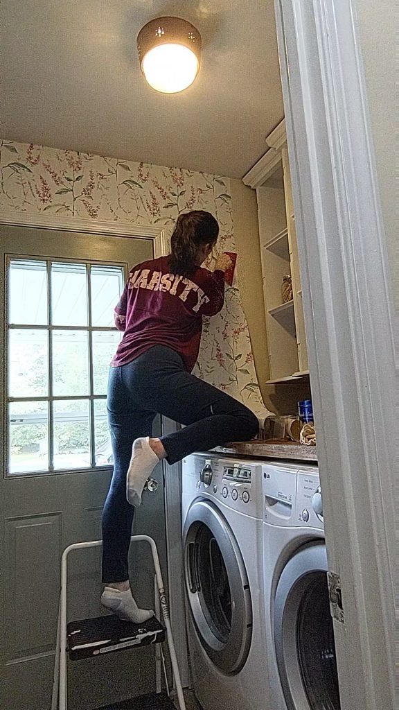 peel and stick wallpaper laundry room accent wall DIY
