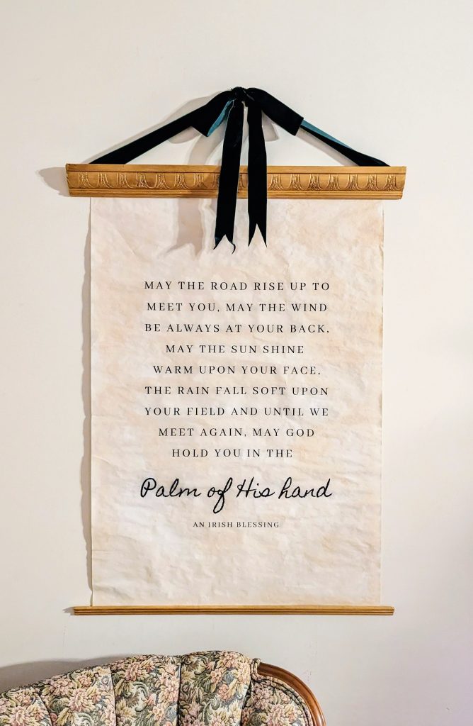 diy poster hanger with velvet ribbon, how to make an affordable hanger for wall art.