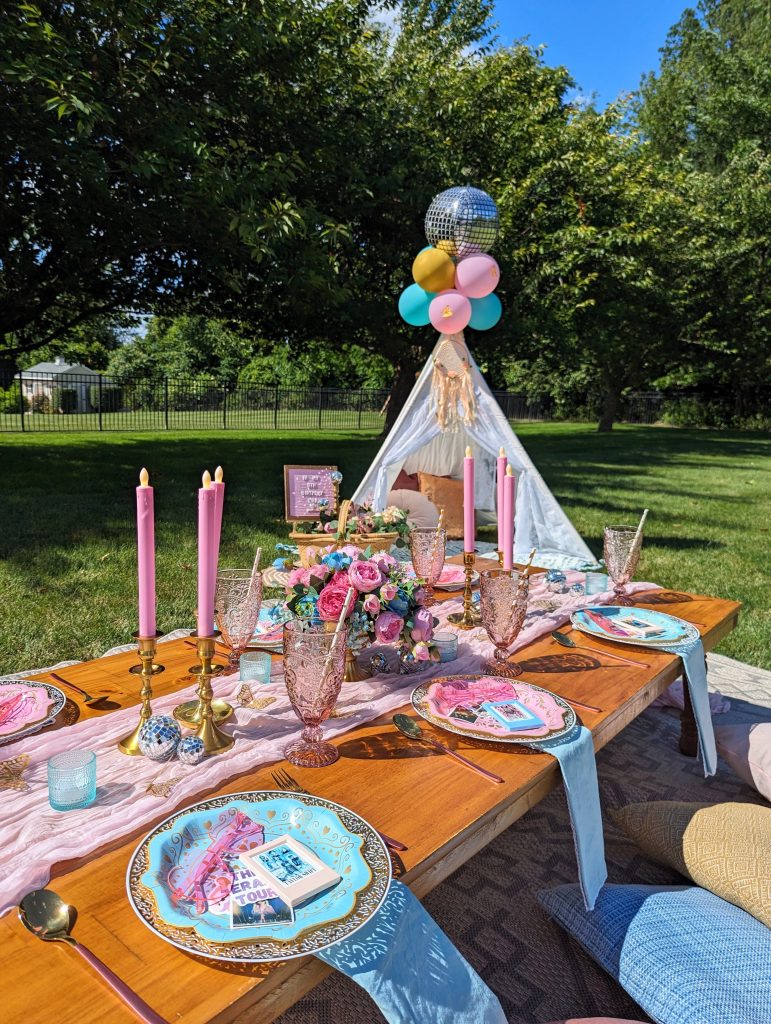 Taylor swift picnic, diy blue and pink luxury picnic for Taylor swift birthday party