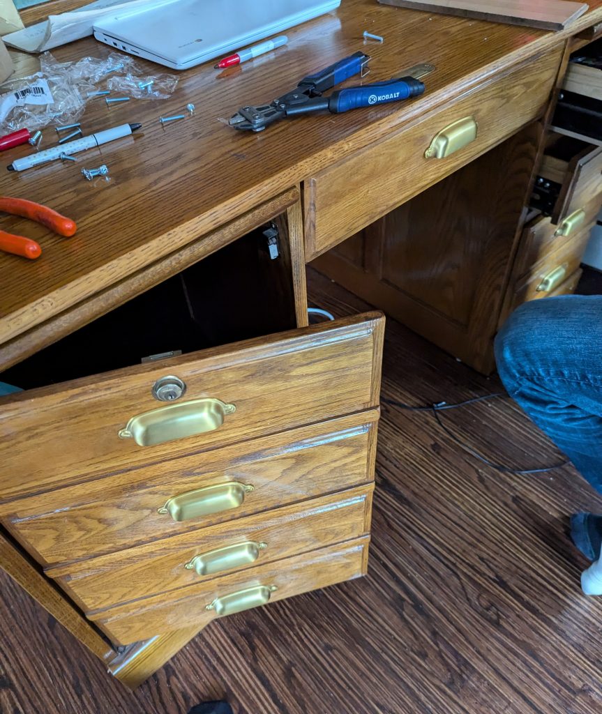no paint roll top secretary desk makeover, swapping the hardware