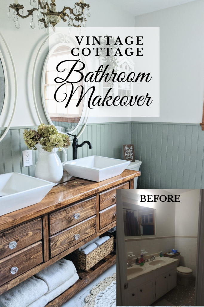 Before and after of a vintage cottage bathroom makeover featuring English country style, soft neutral tones, and budget-friendly design updates