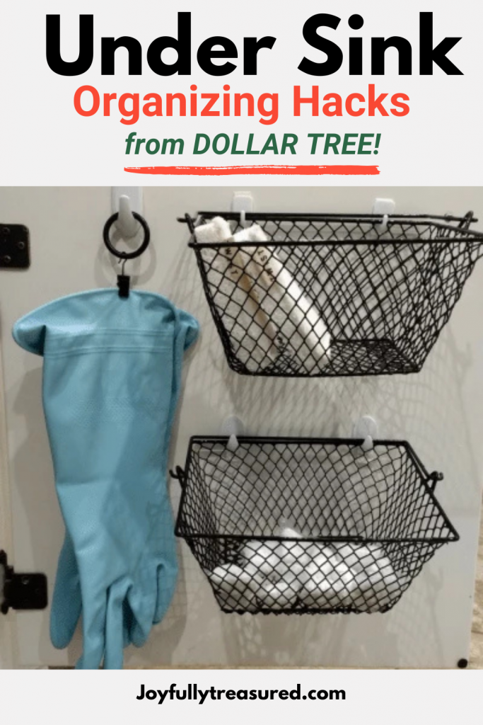 Rubber dish gloves hanging inside cabinet door using a curtain ring clip and Command hook