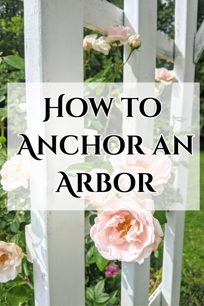 "Close-up of a rose-covered garden arbor with text overlay: How to Anchor an Arbor"