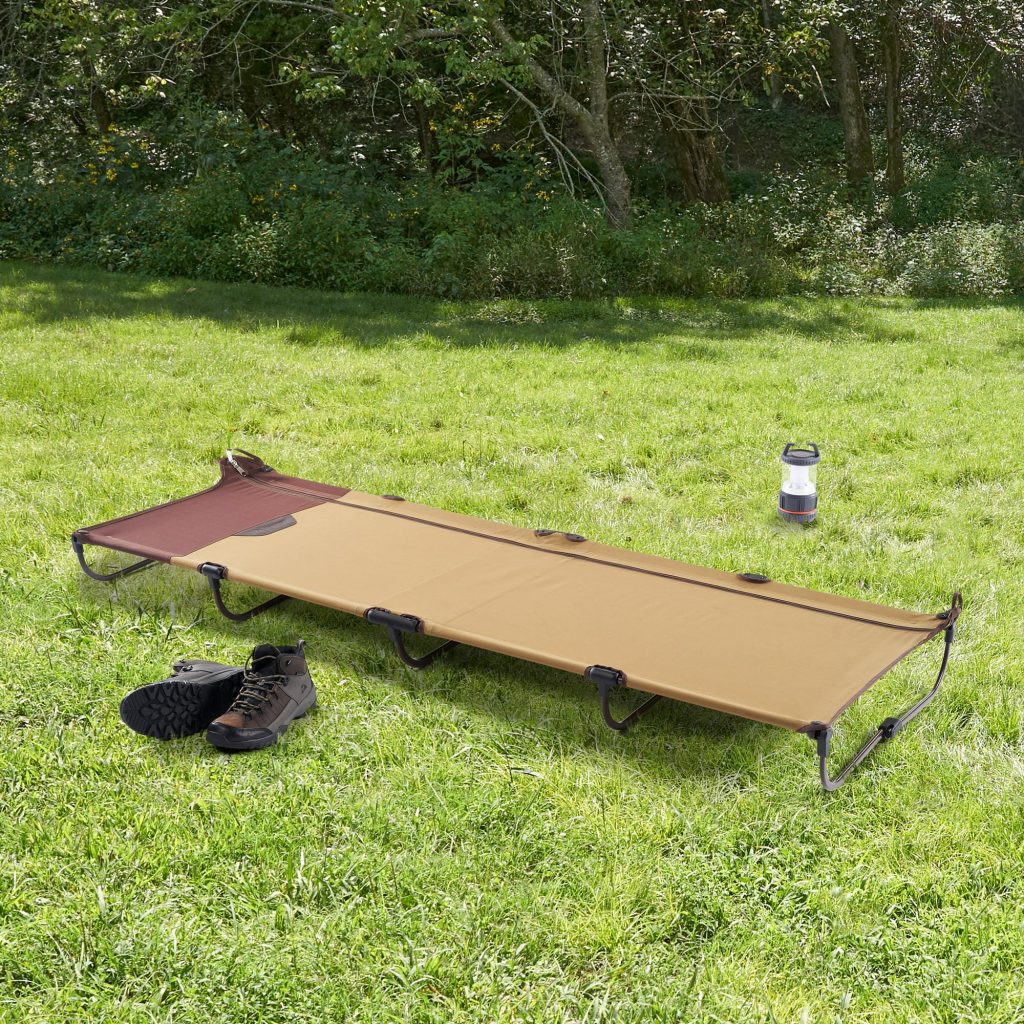 compact camping cot in brown and tan, lightweight and comfortable