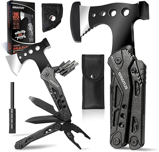 survival tool 16 in 1 with axe, knife, pliers, screwdriver and more. Makes amazing gifts for outdoorsy men