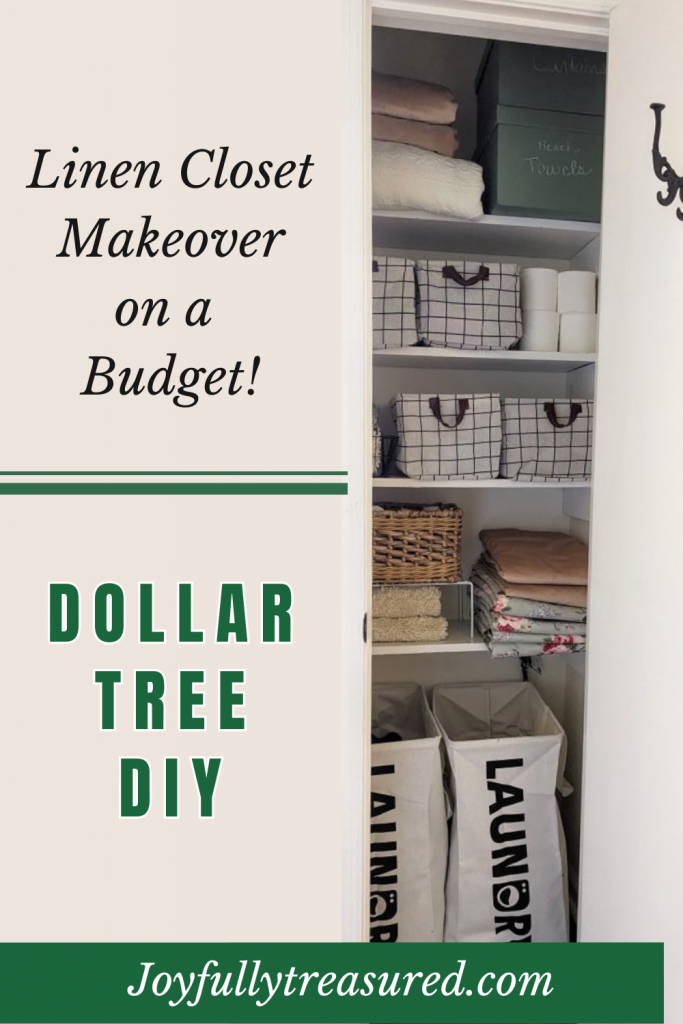Budget friendly dollar Tree linen closet organization ideas using bins and baskets to transform a small space with simple affordable storage solutions