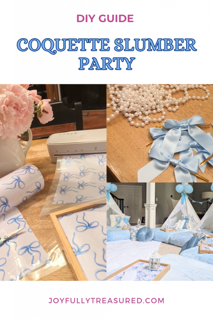 Blue coquette-themed indoor slumber party setup featuring lace teepee tents, pastel blue plush blankets, decorative trays with eye masks and lanterns, and balloon garlands — a dreamy, elegant sleepover idea for girls.