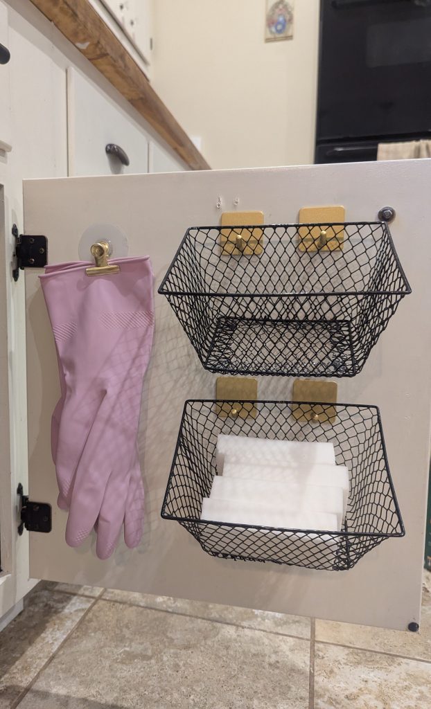 under kitchen sink organization on a budget with Dollar Tree baskets