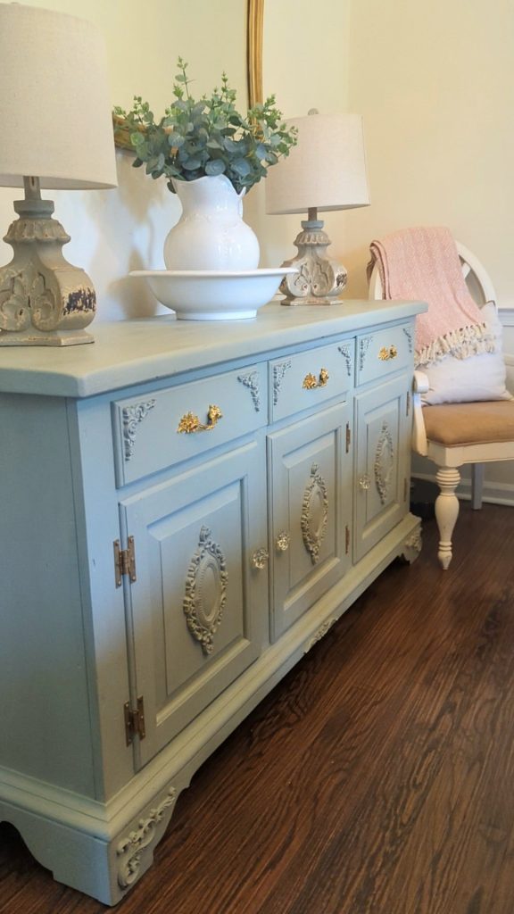 French cottage furniture makeover, before and after using wood appliques for furniture and sage green paint (sw privilege Green)