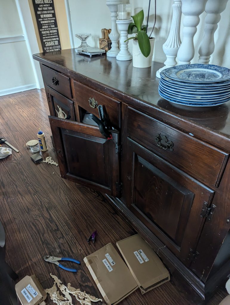 antique Buffet makeover with wood appliques, before and after