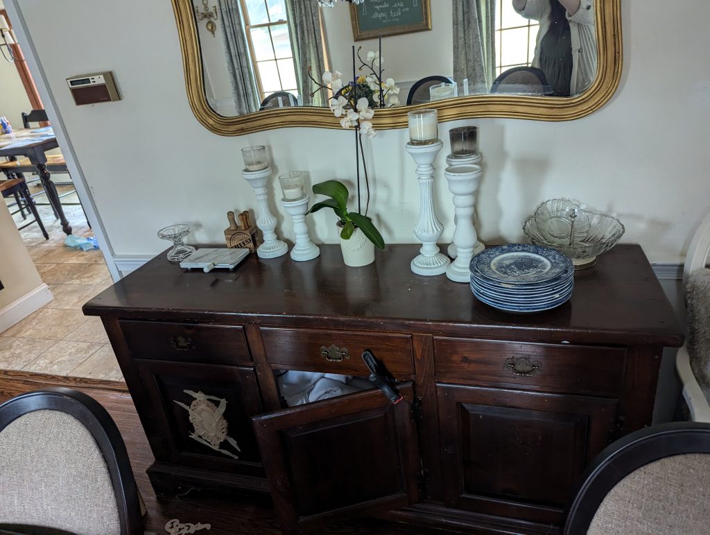 French cottage antique buffet makeover with paint and wood appliques, before and after